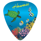 A guitar pick shaped like an underwater ocean scene with a green sea turtle, striped fish, coral reef, and the word "Hawaii" in yellow script at the top, shown on a plain white background.