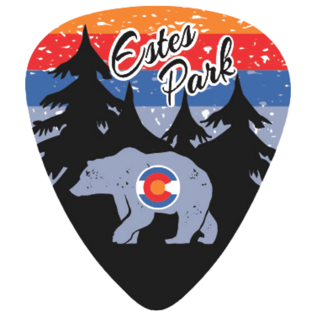 A guitar pick featuring a stylized Estes Park design with a bear, pine trees, sunset stripes, and the text 'Estes Park' on a white background.