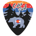 A guitar pick featuring a stylized Estes Park design with a bear, pine trees, sunset stripes, and the text 'Estes Park' on a white background.