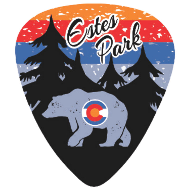 A guitar pick featuring a stylized Estes Park design with a bear, pine trees, sunset stripes, and the text 'Estes Park' on a white background.