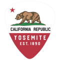 A guitar-pick-shaped patch featuring the California Republic flag design with a brown grizzly bear, red star, green grass, and a red lower section reading "CALIFORNIA REPUBLIC" and "YOSEMITE EST. 1890" on a white background.