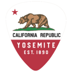 A guitar-pick-shaped patch featuring the California Republic flag design with a brown grizzly bear, red star, green grass, and a red lower section reading "CALIFORNIA REPUBLIC" and "YOSEMITE EST. 1890" on a white background.