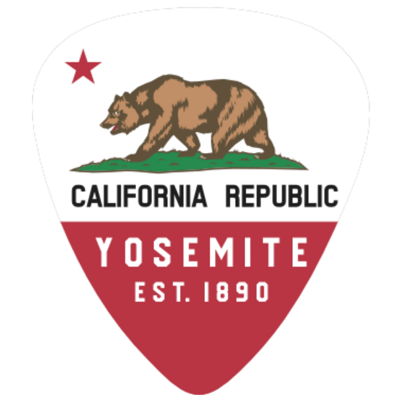 A guitar-pick-shaped patch featuring the California Republic flag design with a brown grizzly bear, red star, green grass, and a red lower section reading "CALIFORNIA REPUBLIC" and "YOSEMITE EST. 1890" on a white background.