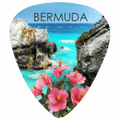 A guitar-pick-shaped Bermuda travel print featuring a scenic coastal view with turquoise water, rocky cliffs, and pink flowers, with the word BERMUDA printed at the top.