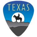 A guitar-pick-shaped graphic with the word TEXAS at the top, a cowboy riding a horse in front of a white moon, and layered gray hills on a blue and gray background.