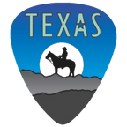 A guitar-pick-shaped graphic with the word TEXAS at the top, a cowboy riding a horse in front of a white moon, and layered gray hills on a blue and gray background.