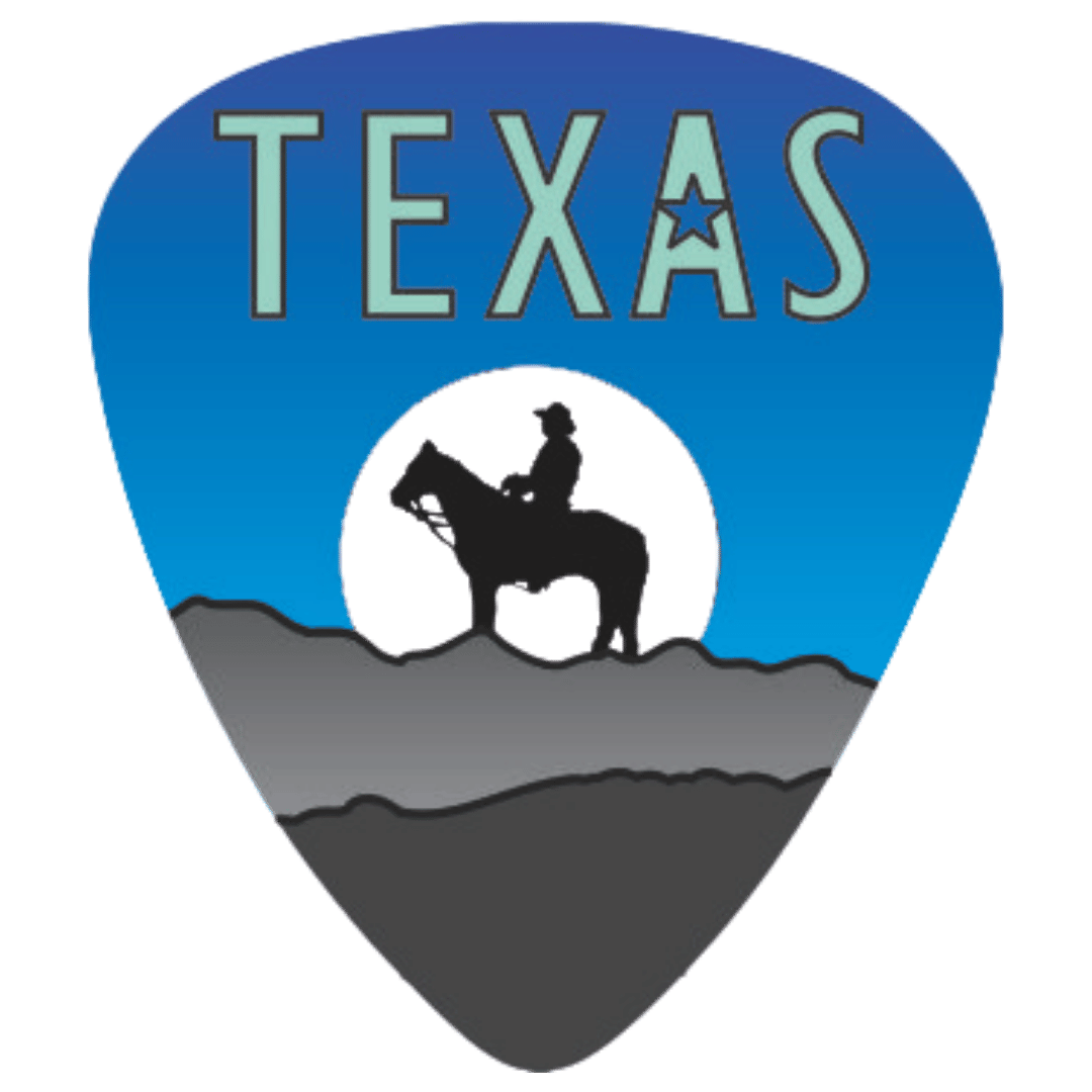 A guitar-pick-shaped graphic with the word TEXAS at the top, a cowboy riding a horse in front of a white moon, and layered gray hills on a blue and gray background.