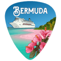 A die-cut guitar-pick-shaped graphic featuring the word “BERMUDA” in white at the top, with a cruise ship on turquoise water, a pink sand beach, green hills, and pink flowers in the foreground.
