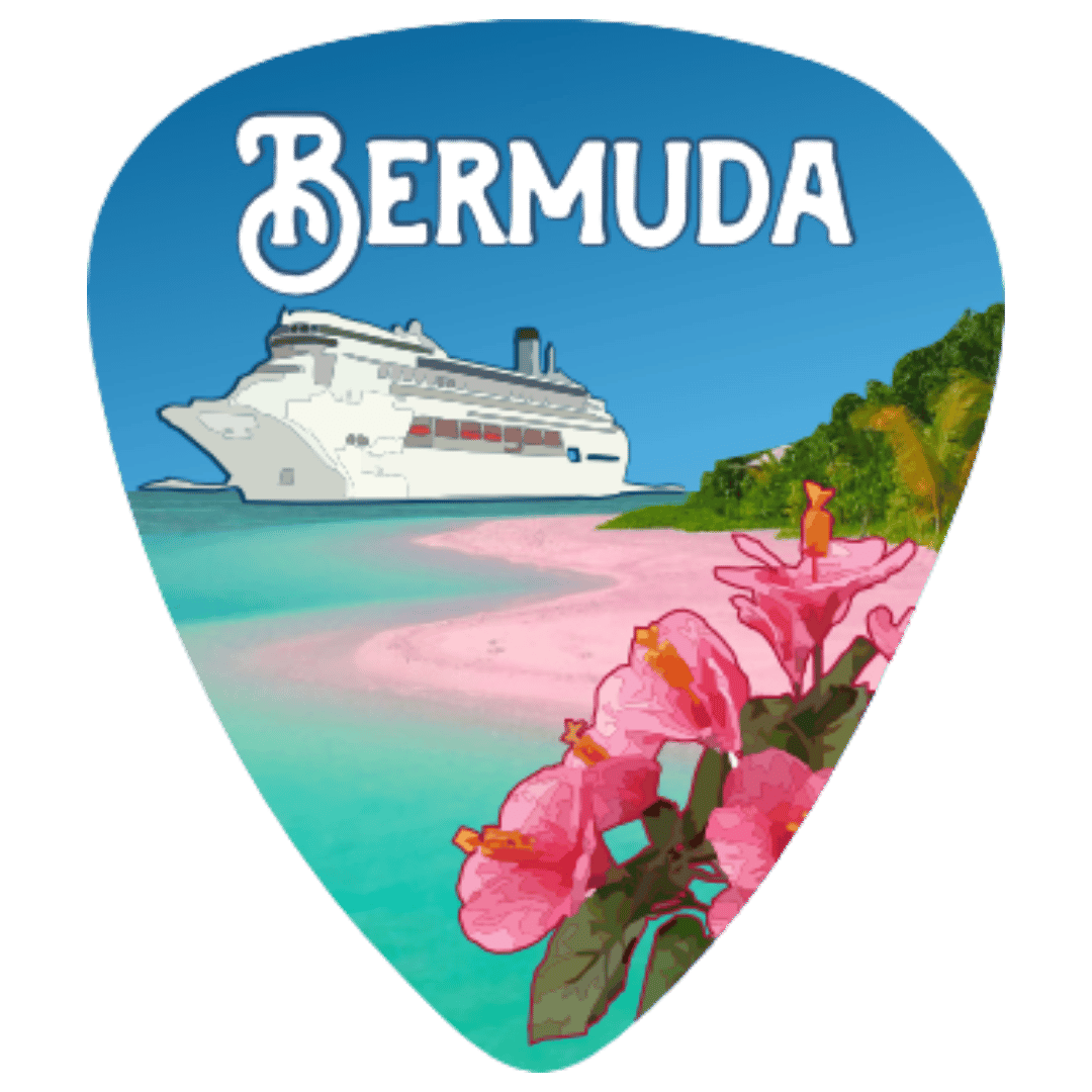A die-cut guitar-pick-shaped graphic featuring the word “BERMUDA” in white at the top, with a cruise ship on turquoise water, a pink sand beach, green hills, and pink flowers in the foreground.