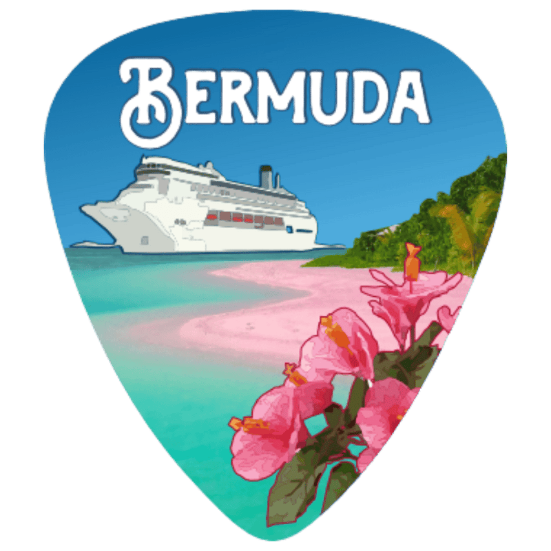 A die-cut guitar-pick-shaped graphic featuring the word “BERMUDA” in white at the top, with a cruise ship on turquoise water, a pink sand beach, green hills, and pink flowers in the foreground.