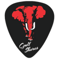 A black guitar pick featuring a red elephant graphic with white tusks and the words 'Gulf Shores' in white script near the bottom.