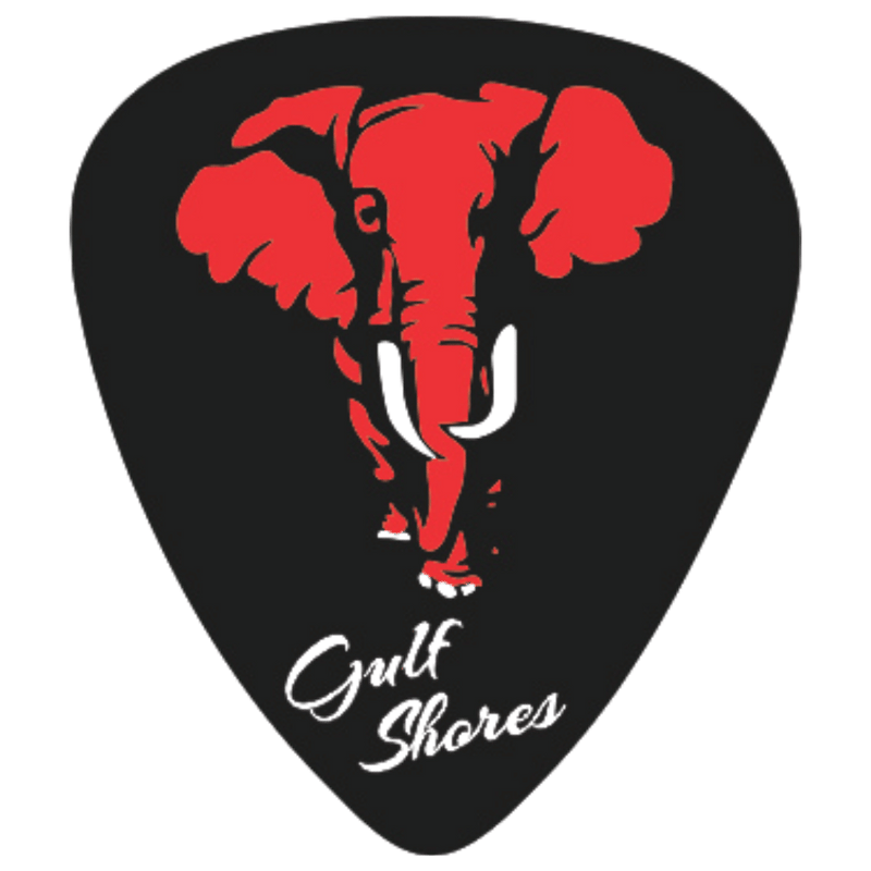 A black guitar pick featuring a red elephant graphic with white tusks and the words 'Gulf Shores' in white script near the bottom.