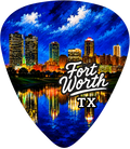 A guitar pick featuring a vibrant, textured painting of the Fort Worth, TX skyline at night, with the text 'Fort Worth TX' written in white script and block lettering over the center.