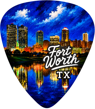 A guitar pick featuring a vibrant, textured painting of the Fort Worth, TX skyline at night, with the text 'Fort Worth TX' written in white script and block lettering over the center.