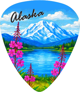 Fireweed Mountains Alaska souvenir guitar picks wholesale pack of 40 featuring Alaska fireweed flowers and mountain landscape artwork for gift shops and tourist stores.