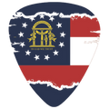 A guitar-pick-shaped graphic featuring the Louisiana state flag design with a distressed, torn-edge look. The pick is dark blue on the upper left, with white stars, a gold Louisiana state seal, red and white horizontal sections, and a torn white border around the design.