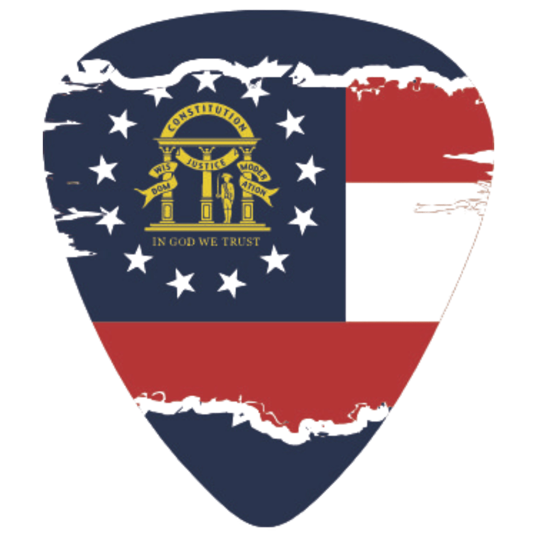 A guitar-pick-shaped graphic featuring the Louisiana state flag design with a distressed, torn-edge look. The pick is dark blue on the upper left, with white stars, a gold Louisiana state seal, red and white horizontal sections, and a torn white border around the design.