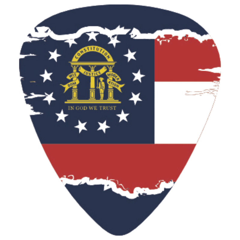 A guitar-pick-shaped graphic featuring the Louisiana state flag design with a distressed, torn-edge look. The pick is dark blue on the upper left, with white stars, a gold Louisiana state seal, red and white horizontal sections, and a torn white border around the design.