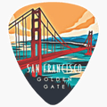 A guitar pick featuring a stylized illustration of the Golden Gate Bridge over water, with the text 'SAN FRANCISCO GOLDEN GATE' printed across the center.
