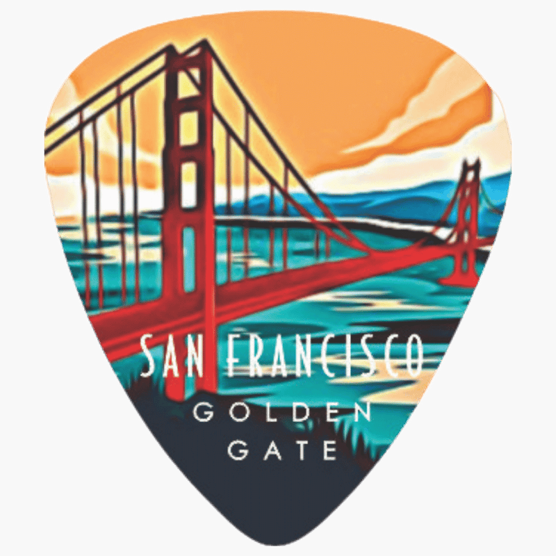 A guitar pick featuring a stylized illustration of the Golden Gate Bridge over water, with the text 'SAN FRANCISCO GOLDEN GATE' printed across the center.