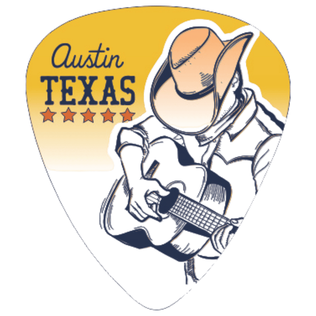 A guitar-shaped sticker or decal featuring a cowboy in a hat playing an acoustic guitar, with the text 'Austin Texas' and five stars on a yellow-to-white gradient background.