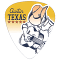A guitar-shaped sticker or decal featuring a cowboy in a hat playing an acoustic guitar, with the text 'Austin Texas' and five stars on a yellow-to-white gradient background.