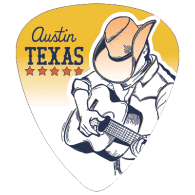 A guitar-shaped sticker or decal featuring a cowboy in a hat playing an acoustic guitar, with the text 'Austin Texas' and five stars on a yellow-to-white gradient background.