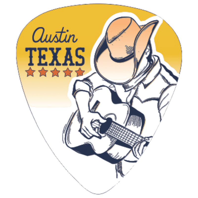 A guitar-shaped sticker or decal featuring a cowboy in a hat playing an acoustic guitar, with the text 'Austin Texas' and five stars on a yellow-to-white gradient background.