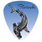 A guitar pick featuring a blue gradient background with a black and white stylized fish graphic and the word 'Florida' in black script near the top.