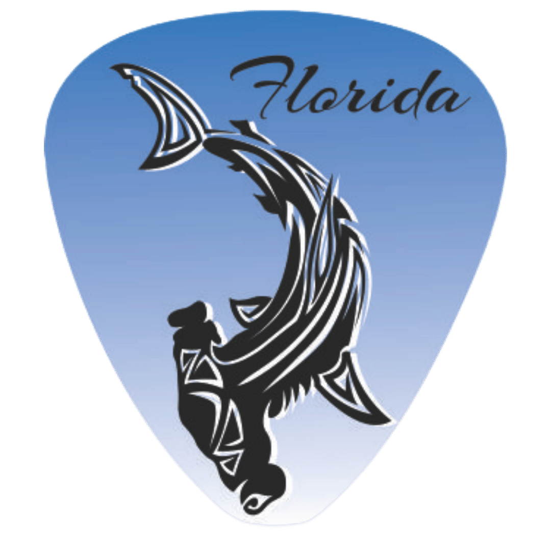 A guitar pick featuring a blue gradient background with a black and white stylized fish graphic and the word 'Florida' in black script near the top.