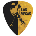 A guitar pick featuring a split design: the left half is black with a gold hockey player silhouette, and the right half is textured gold with the words 'LAS VEGAS' in black. The pick is centered on a plain white background.