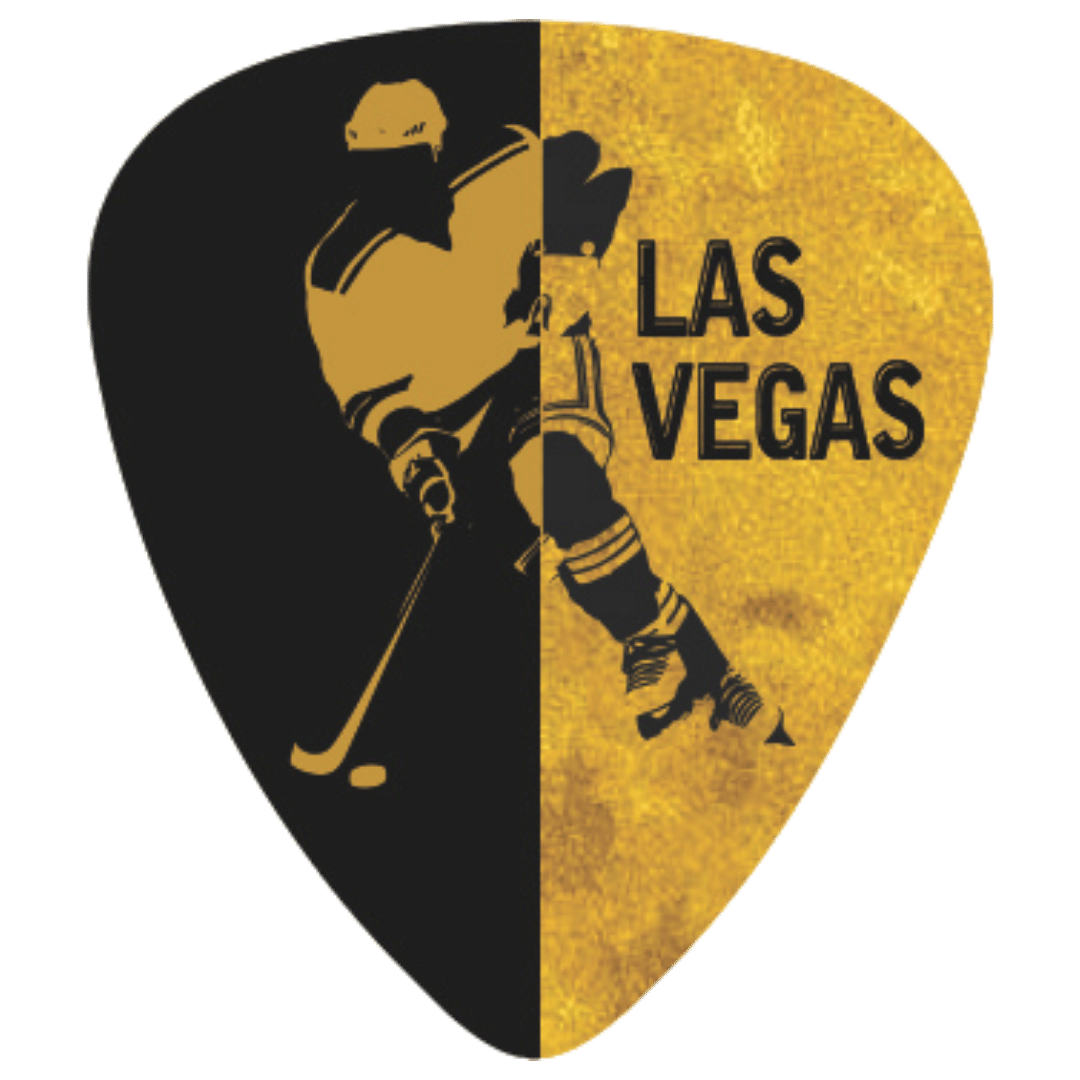 A guitar pick featuring a split design: the left half is black with a gold hockey player silhouette, and the right half is textured gold with the words 'LAS VEGAS' in black. The pick is centered on a plain white background.