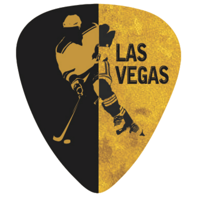 A guitar pick featuring a split design: the left half is black with a gold hockey player silhouette, and the right half is textured gold with the words 'LAS VEGAS' in black. The pick is centered on a plain white background.