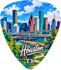A guitar pick shaped like the Houston skyline, featuring a colorful cityscape with skyscrapers, bridges, green trees, and the text 'Houston TX' in white script and block lettering.