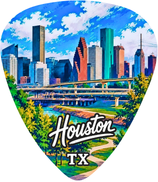 A guitar pick shaped like the Houston skyline, featuring a colorful cityscape with skyscrapers, bridges, green trees, and the text 'Houston TX' in white script and block lettering.