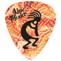 A guitar pick featuring a warm-toned Mexican pattern in orange, red, and cream, with a large black Kokopelli figure and the words 'New Mexico' in black script.