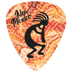 A guitar pick featuring a warm-toned Mexican pattern in orange, red, and cream, with a large black Kokopelli figure and the words 'New Mexico' in black script.