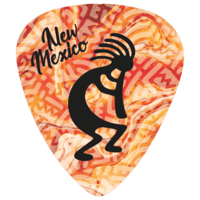 A guitar pick featuring a warm-toned Mexican pattern in orange, red, and cream, with a large black Kokopelli figure and the words 'New Mexico' in black script.