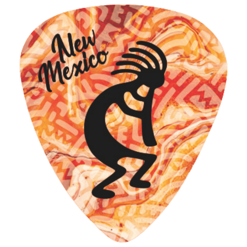 A guitar pick featuring a warm-toned Mexican pattern in orange, red, and cream, with a large black Kokopelli figure and the words 'New Mexico' in black script.