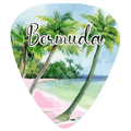 A guitar-pick-shaped sticker or decal featuring a watercolor illustration of a tropical beach with palm trees, turquoise water, pink sand, and the word “Bermuda” in large white script across the center.