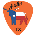 An orange guitar-pick-shaped graphic with the word "Austin" at the top, a stylized longhorn Texas bull in blue, white, and red with a white star, and "TX" at the bottom.