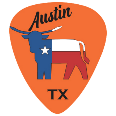 An orange guitar-pick-shaped graphic with the word "Austin" at the top, a stylized longhorn Texas bull in blue, white, and red with a white star, and "TX" at the bottom.