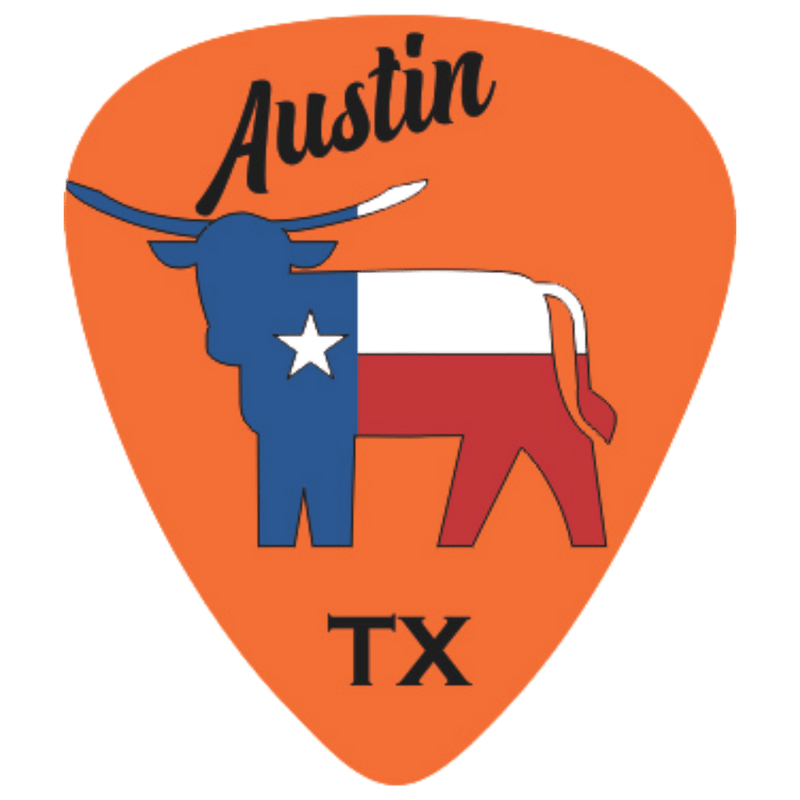 An orange guitar-pick-shaped graphic with the word "Austin" at the top, a stylized longhorn Texas bull in blue, white, and red with a white star, and "TX" at the bottom.