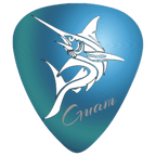 A blue guitar pick featuring a white marlin graphic and the word 'Guam' in cursive script, shown on a plain white background.