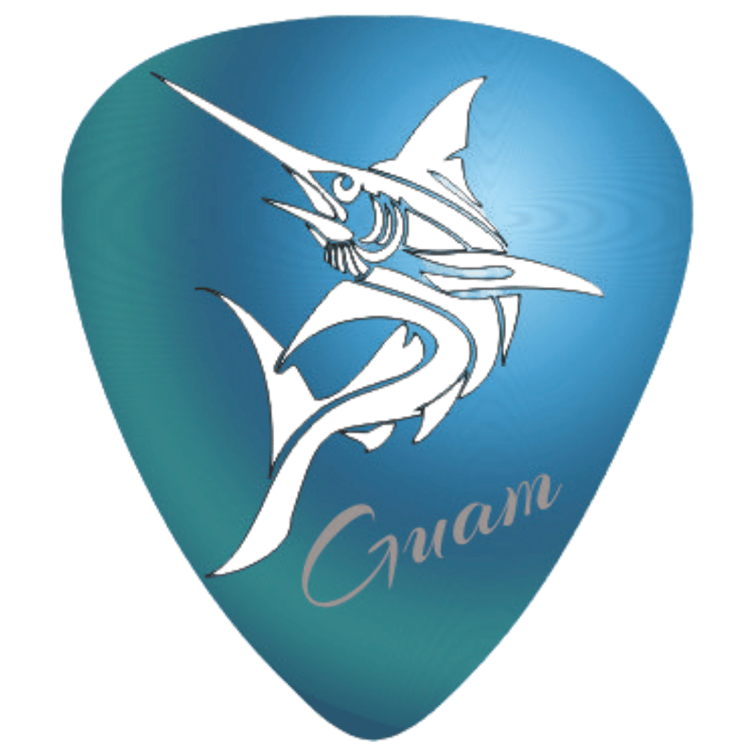 A blue guitar pick featuring a white marlin graphic and the word 'Guam' in cursive script, shown on a plain white background.