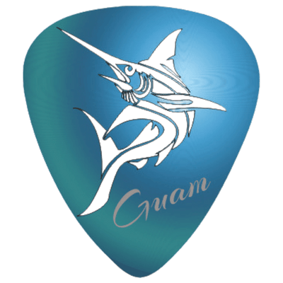 A blue guitar pick featuring a white marlin graphic and the word 'Guam' in cursive script, shown on a plain white background.