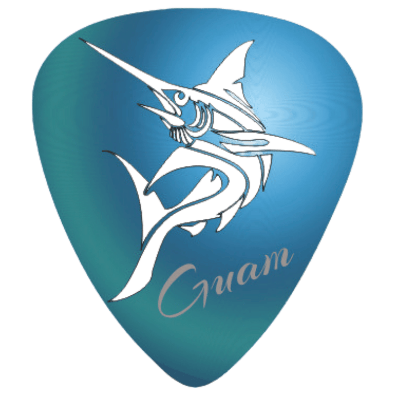 A blue guitar pick featuring a white marlin graphic and the word 'Guam' in cursive script, shown on a plain white background.