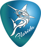 Guitar pick with a marlin design and 'Florida' text on a blue and green gradient background