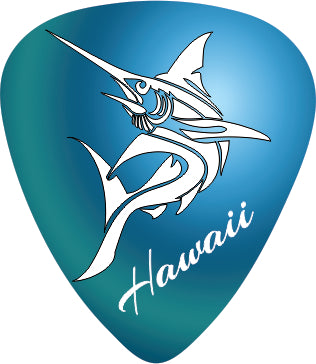 Blue and green guitar pick with a marlin design and 'Hawaii' text