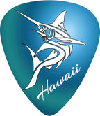 Blue and green guitar pick with a marlin design and 'Hawaii' text
